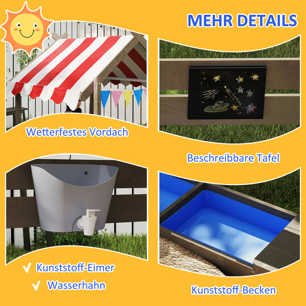 Sandkasten mit Dach und Spielzeug wetterfest aus Holz grau