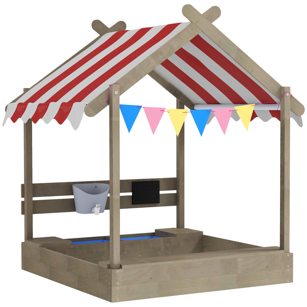 Sandkasten mit Dach und Spielzeug wetterfest aus Holz grau