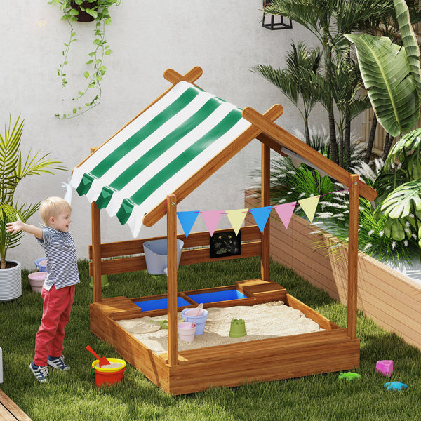 Sandkasten mit Dach und Spielzeug für Kinder aus Holz grün