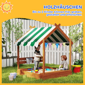 Sandkasten mit Dach und Spielzeug für Kinder aus Holz grün