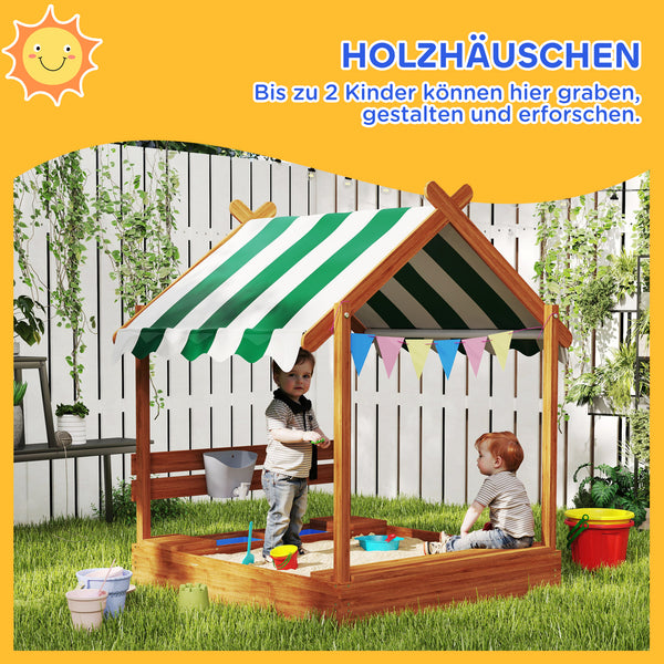 Sandkasten mit Dach und Spielzeug für Kinder aus Holz grün