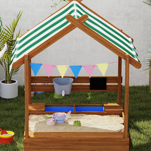Sandkasten mit Dach und Spielzeug für Kinder aus Holz grün