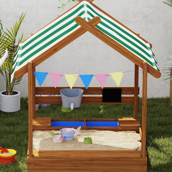 Sandkasten mit Dach und Spielzeug für Kinder aus Holz grün