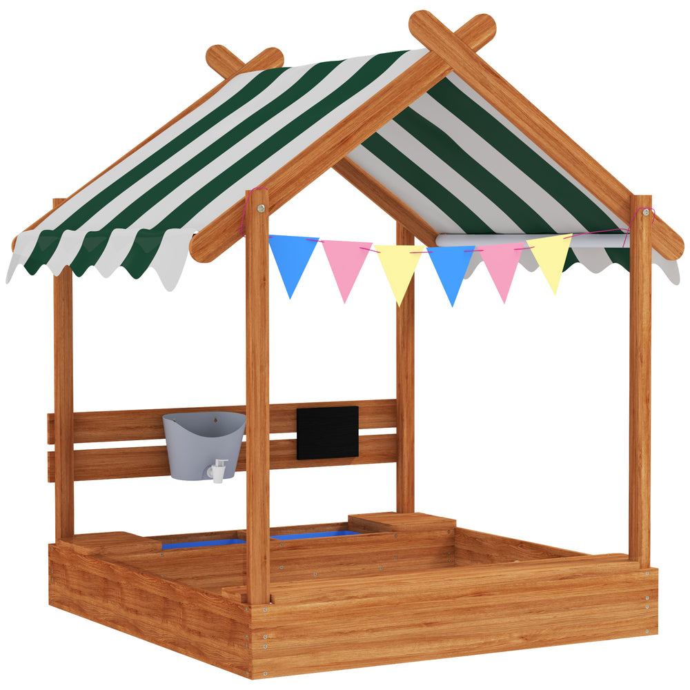 Sandkasten mit Dach und Spielzeug für Kinder aus Holz grün
