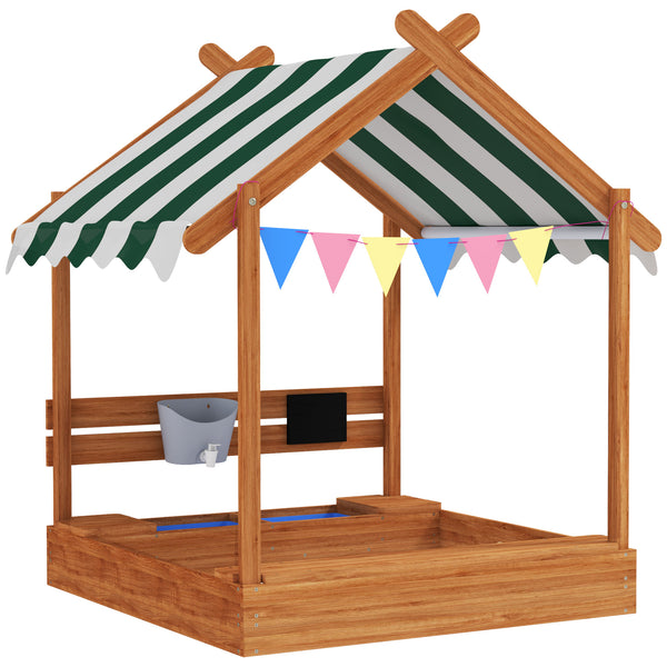 Sandkasten mit Dach und Spielzeug für Kinder aus Holz grün