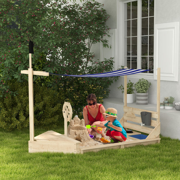 Sandkasten mit Sonnendach und Piratenschiff-Design für Kinder aus Holz