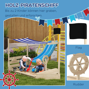 Sandkasten mit Sonnendach und Piratenschiff-Design für Kinder aus Holz