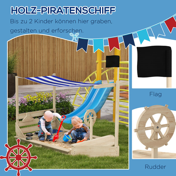 Sandkasten mit Sonnendach und Piratenschiff-Design für Kinder aus Holz