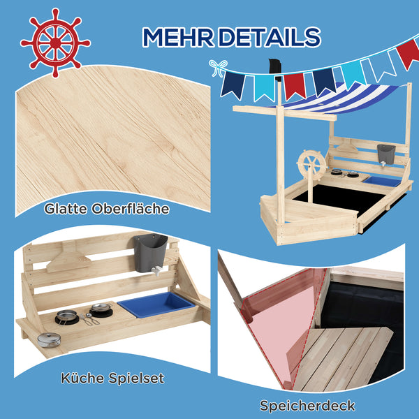 Sandkasten mit Sonnendach und Piratenschiff-Design für Kinder aus Holz