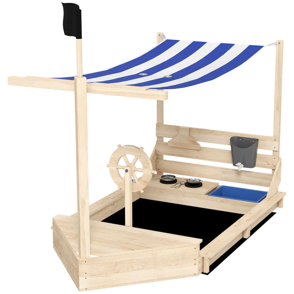 Sandkasten mit Sonnendach und Piratenschiff-Design für Kinder aus Holz