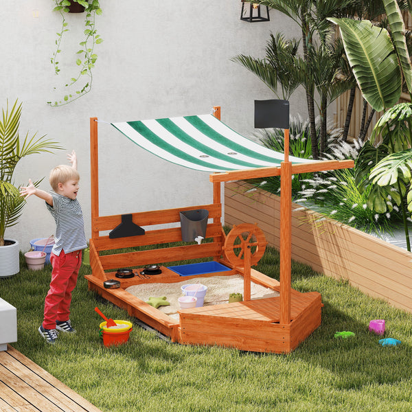 Sandkasten Piratenschiff mit Sonnendach und Spielküche aus Holz