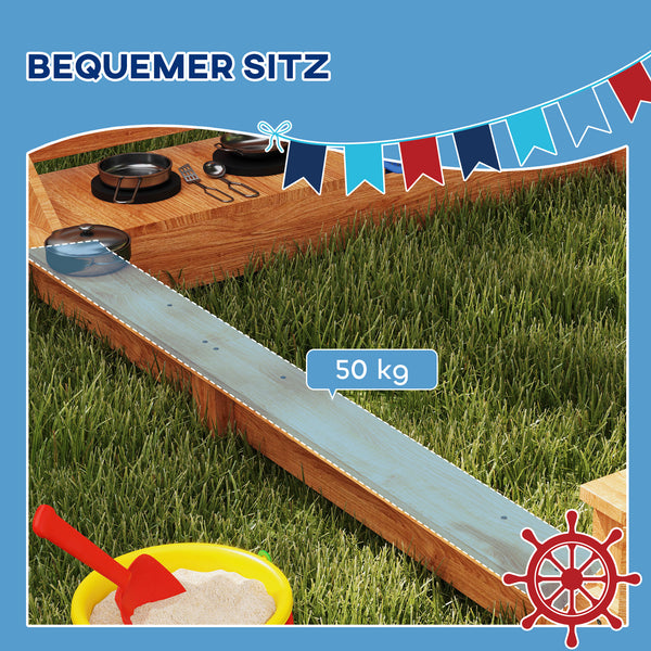 Sandkasten Piratenschiff mit Sonnendach und Spielküche aus Holz