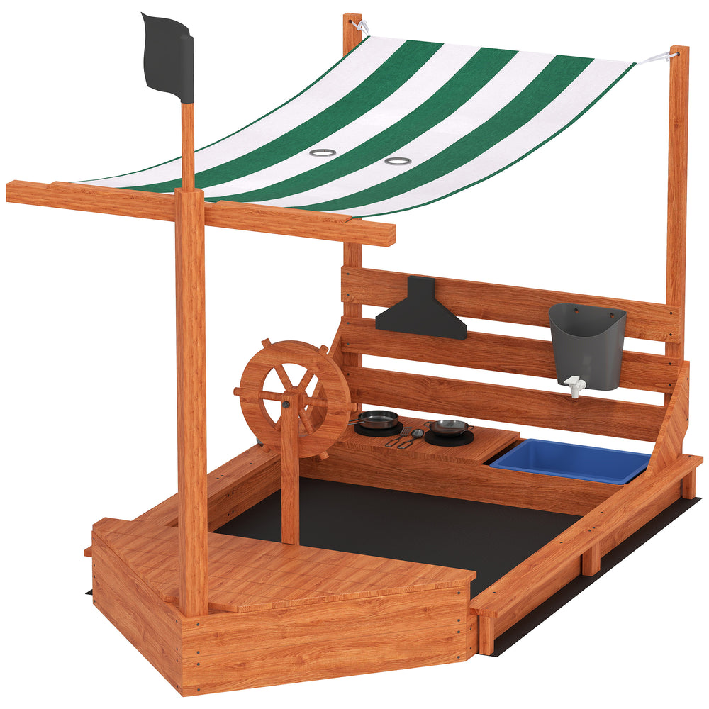 Sandkasten Piratenschiff mit Sonnendach und Spielküche aus Holz