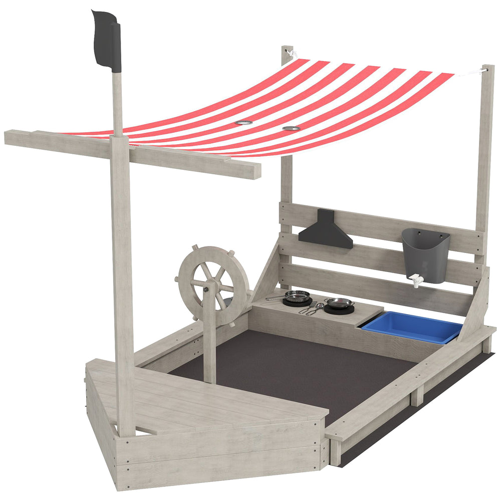 Sandkasten Piratenschiff mit Sonnendach inkl. Spielküche Holz