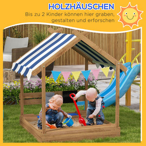 Sandkasten mit Sonnenschutz und Spielzeug für Kinder aus Holz