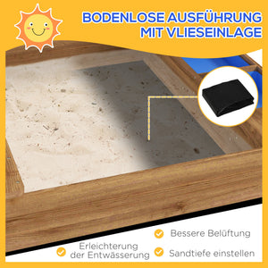 Sandkasten mit Sonnenschutz und Spielzeug für Kinder aus Holz