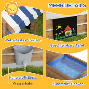 Sandkasten mit Sonnenschutz und Spielzeug für Kinder aus Holz