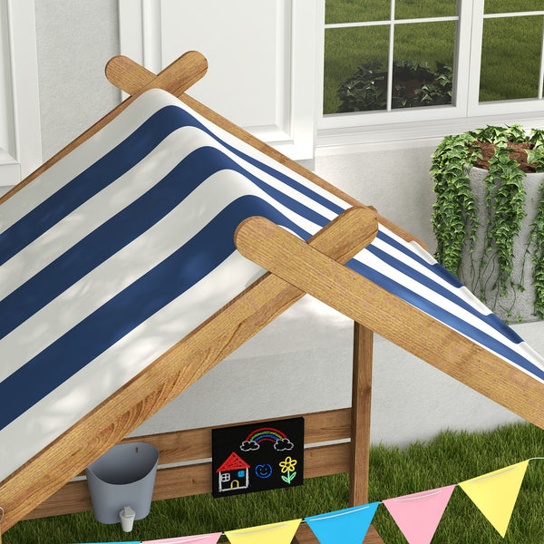 Sandkasten mit Sonnenschutz und Spielzeug für Kinder aus Holz