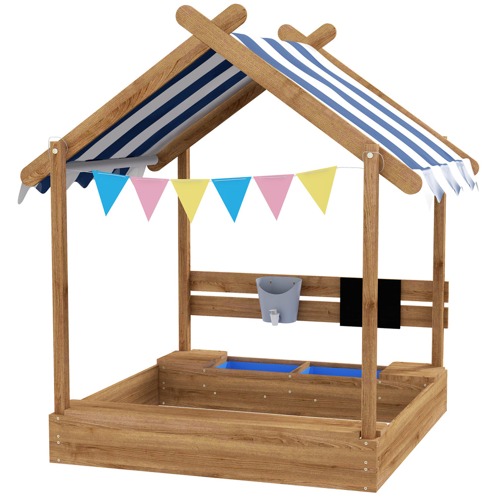 Sandkasten mit Sonnenschutz und Spielzeug für Kinder aus Holz