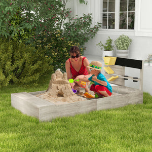 Sandkasten mit Wasserstation und Pflanzkästen aus Holz grau