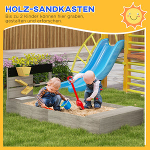 Sandkasten mit Wasserstation und Pflanzkästen aus Holz grau