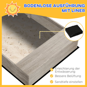 Sandkasten mit Wasserstation und Pflanzkästen aus Holz grau