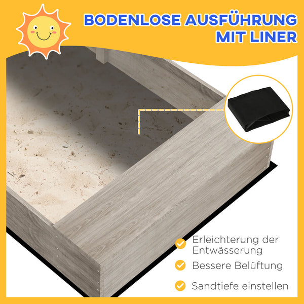 Sandkasten mit Wasserstation und Pflanzkästen aus Holz grau