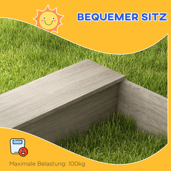 Sandkasten mit Wasserstation und Pflanzkästen aus Holz grau