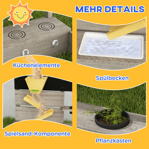 Sandkasten mit Wasserstation und Pflanzkästen aus Holz grau