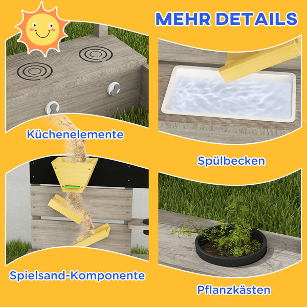 Sandkasten mit Wasserstation und Pflanzkästen aus Holz grau