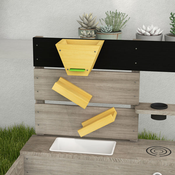 Sandkasten mit Wasserstation und Pflanzkästen aus Holz grau