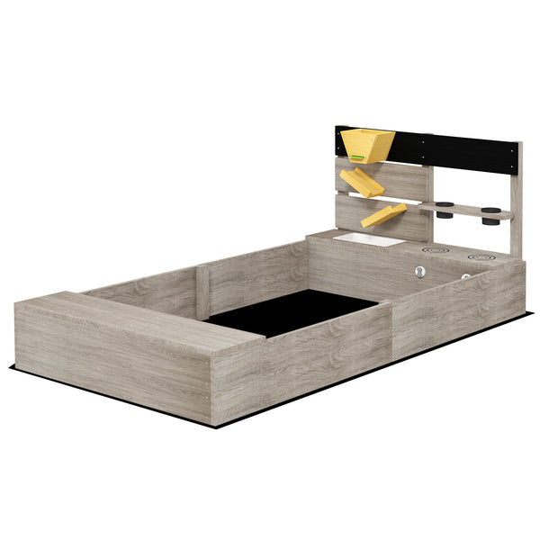 Sandkasten mit Wasserstation und Pflanzkästen aus Holz grau