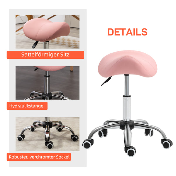 Sattelhocker Rollhocker höhenverstellbar drehbar für Büro Salon Spa rosa