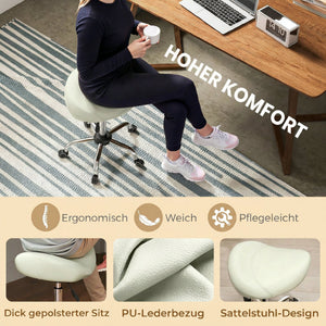 Sattelstuhl Rollhocker höhenverstellbar für Massage PU-Leder cremeweiss