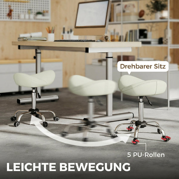 Sattelstuhl Rollhocker höhenverstellbar für Massage PU-Leder cremeweiss