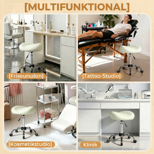 Sattelstuhl Rollhocker höhenverstellbar für Massage PU-Leder cremeweiss