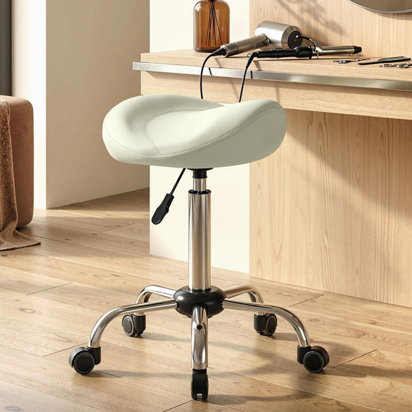 Sattelstuhl Rollhocker höhenverstellbar für Massage PU-Leder cremeweiss