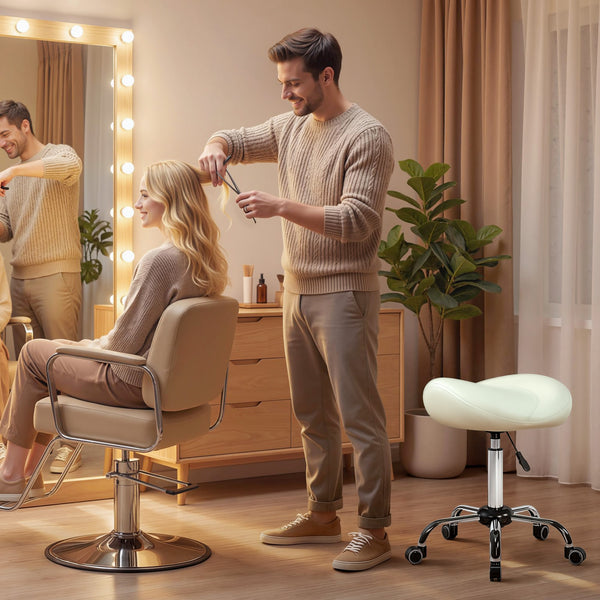 Sattelstuhl Rollhocker höhenverstellbar für Massage PU-Leder cremeweiss
