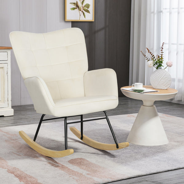 Schaukelsessel Schaukelstuhl in Samtoptik mit Armlehnen für Wohn- und Schlafzimmer beige