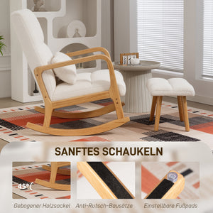 Schaukelstuhl mit Fusshocker Fleece hohe Rückenlehne Holzbeine weiss