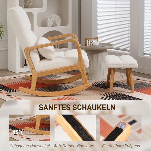 Schaukelstuhl mit Fusshocker Fleece hohe Rückenlehne Holzbeine weiss