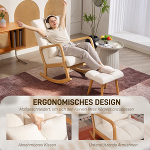 Schaukelstuhl mit Fusshocker Fleece hohe Rückenlehne Holzbeine weiss