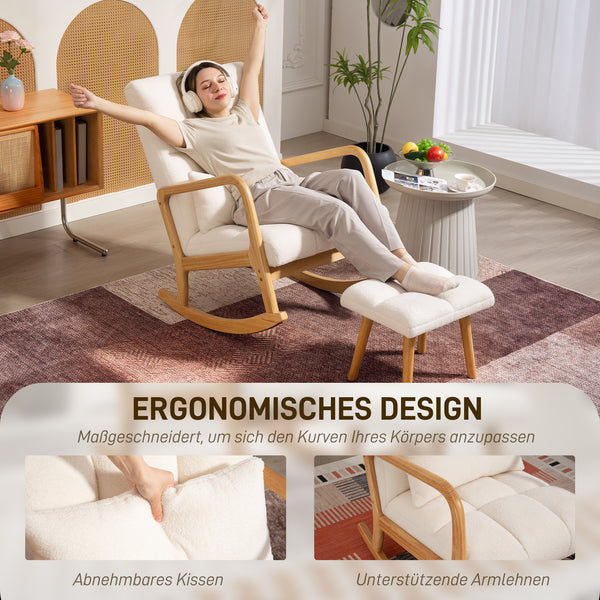 Schaukelstuhl mit Fusshocker Fleece hohe Rückenlehne Holzbeine weiss