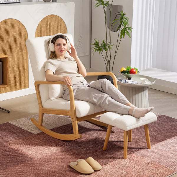 Schaukelstuhl mit Fusshocker Fleece hohe Rückenlehne Holzbeine weiss