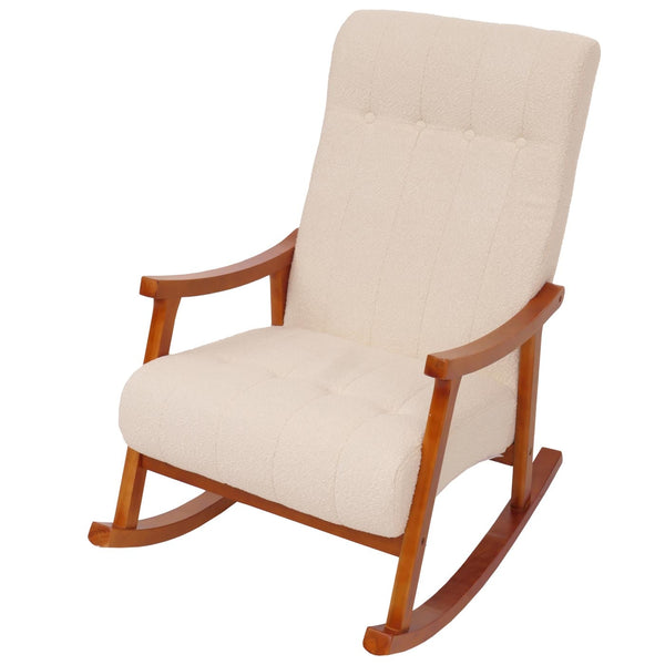Schaukelstuhl Relaxsessel Holz Bouclé creme Gestell Walnuss-Optik
