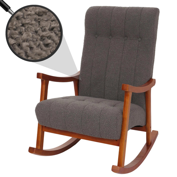 Schaukelstuhl Relaxsessel Holz Bouclé dunkelgrau Gestell Walnuss-Optik