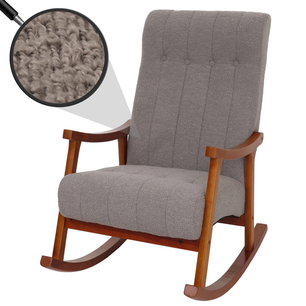 Schaukelstuhl Relaxsessel Holz Bouclé grau Gestell Walnuss-Optik