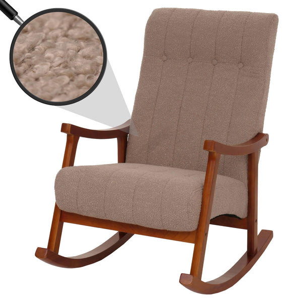 Schaukelstuhl Relaxsessel Holz Bouclé taupe Gestell Walnuss-Optik