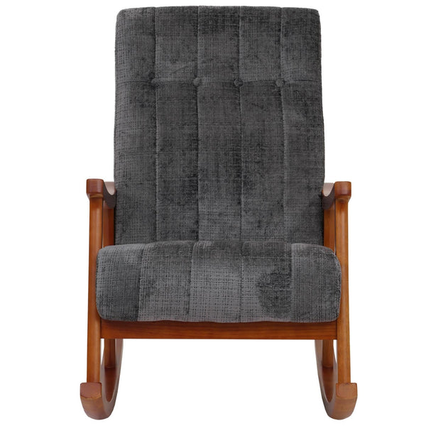 Schaukelstuhl Relaxsessel Holz Chenille dunkelgrau Gestell Walnuss-Optik