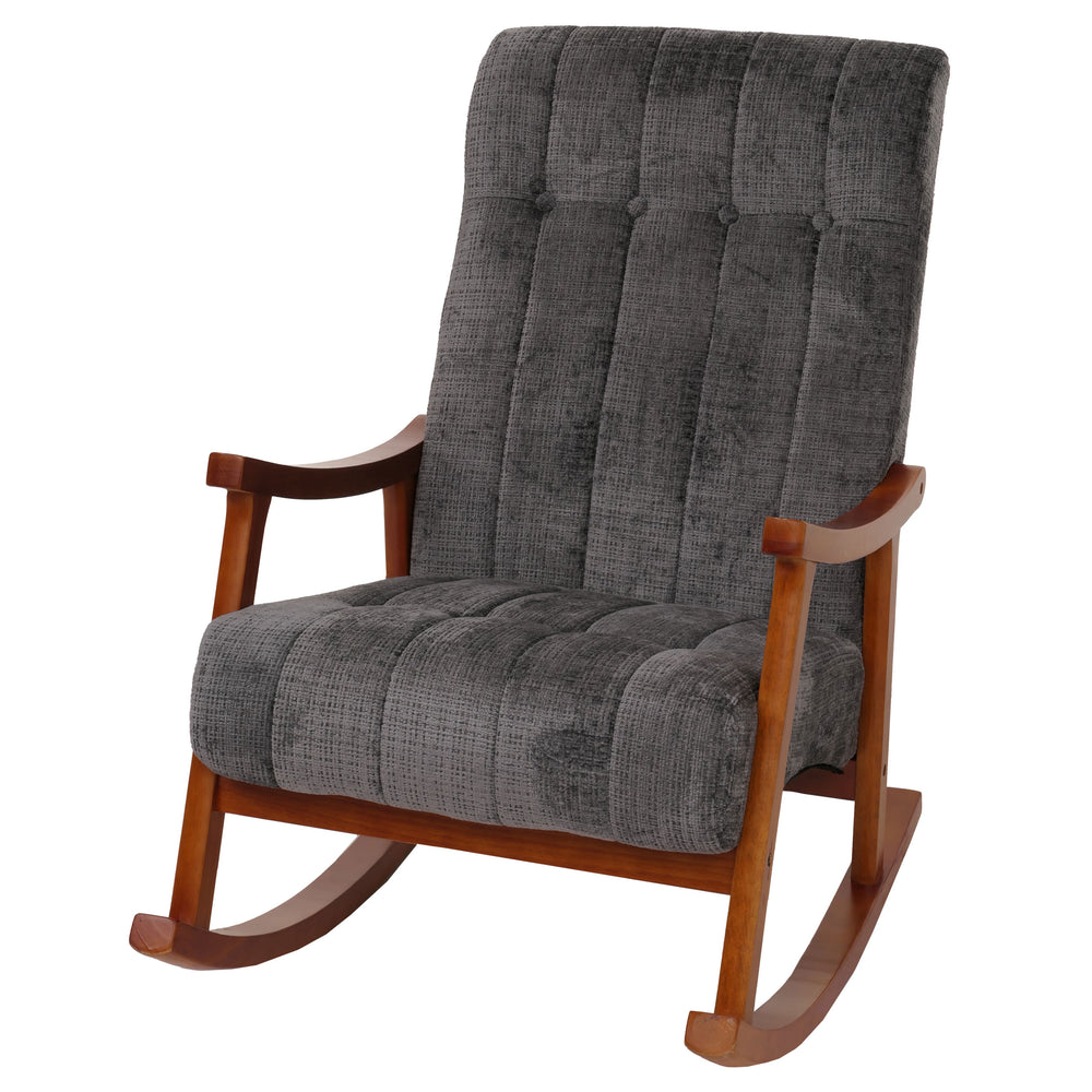 Schaukelstuhl Relaxsessel Holz Chenille dunkelgrau Gestell Walnuss-Optik